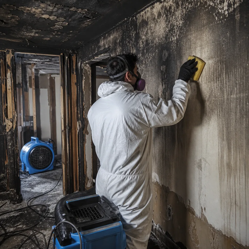 Technician in PPE performing fire and smoke damage restoration cleanup