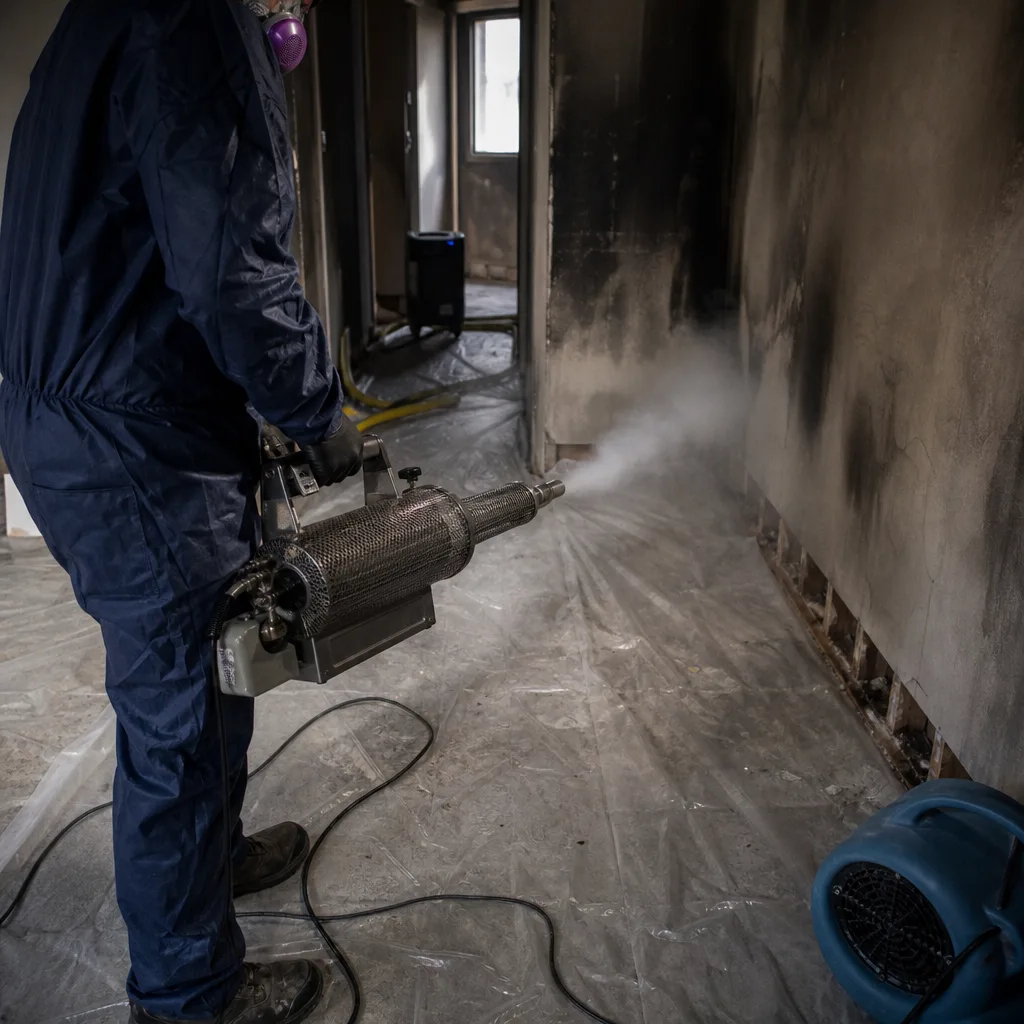 Technician using fogger for professional fire and smoke damage restoration.
