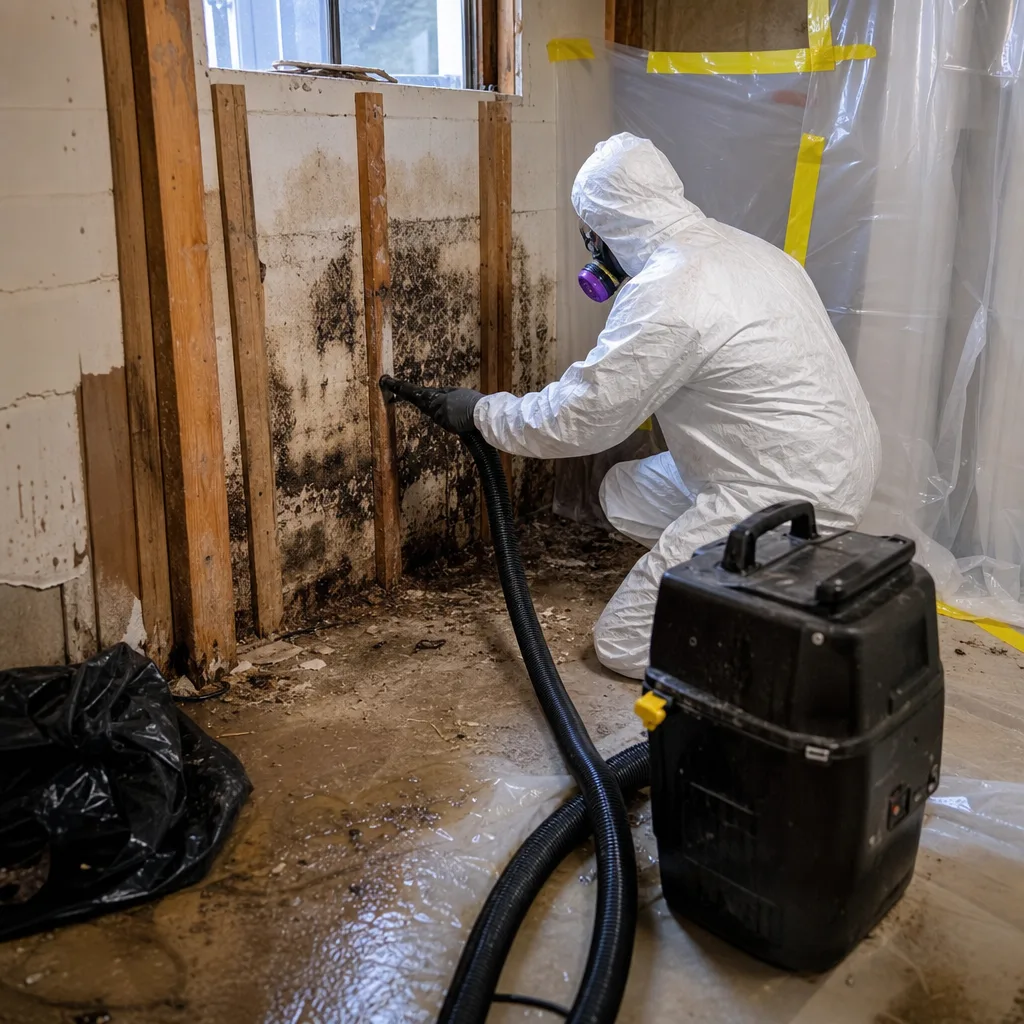 Professional technician performing mold remediation with a vacuum in a basement