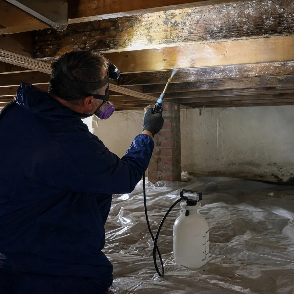 Professional technician performing mold remediation services in a crawl space
