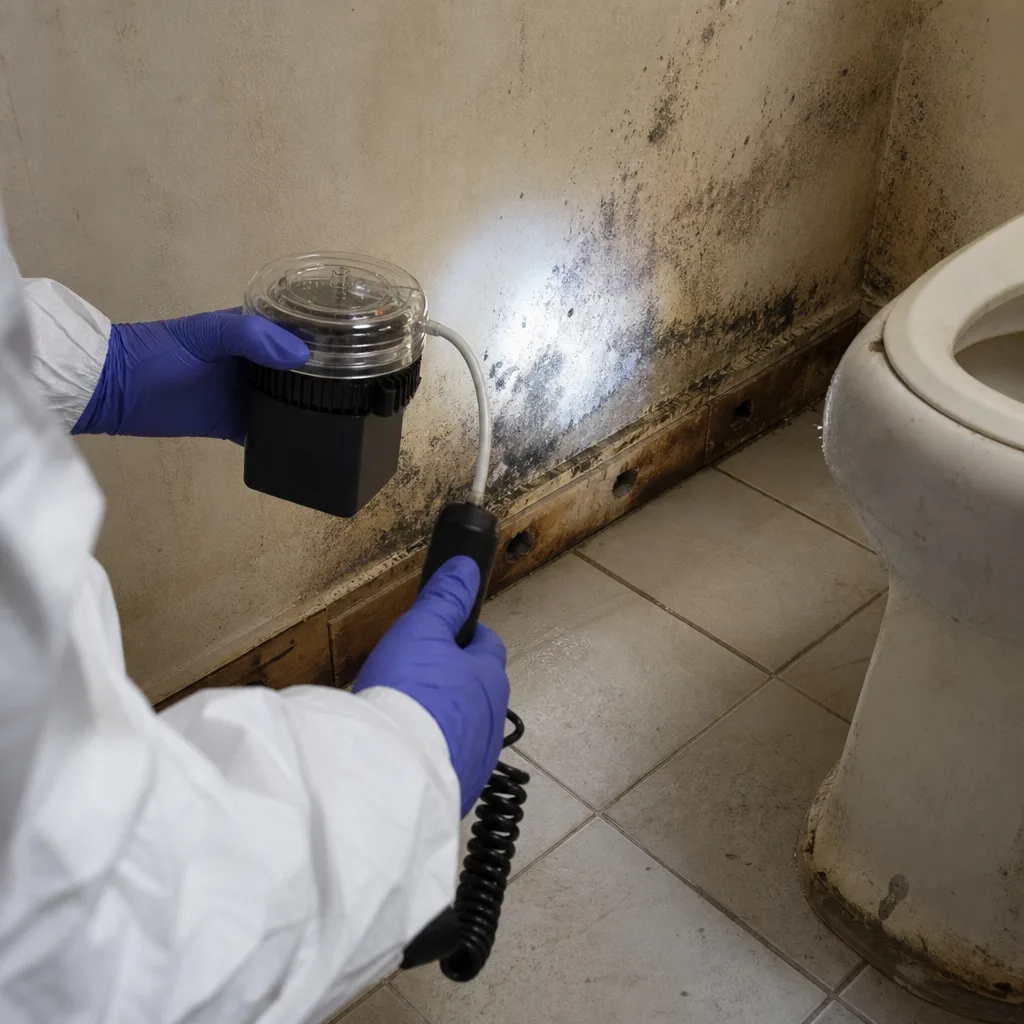 Professional technician performing mold remediation and air quality testing in bathroom