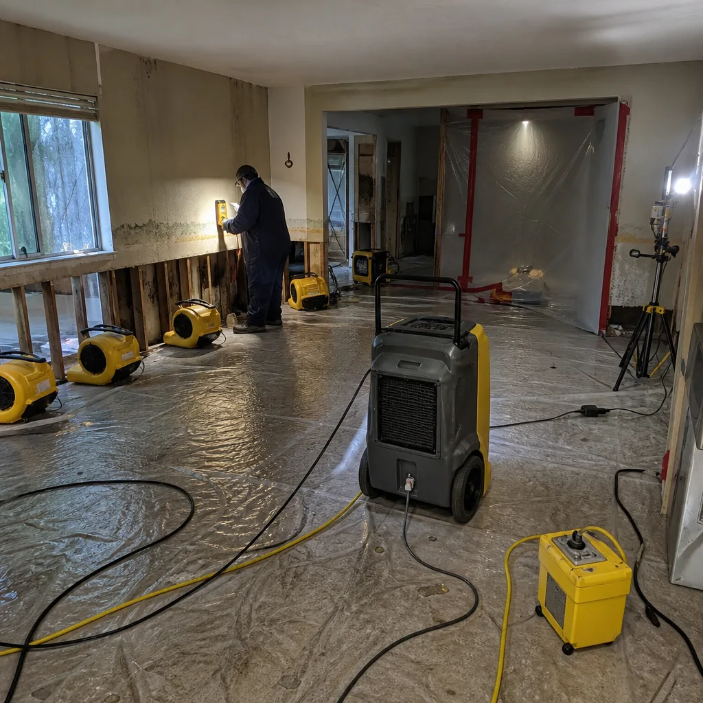 Water damage restoration professional using moisture testing equipment in a renovated room