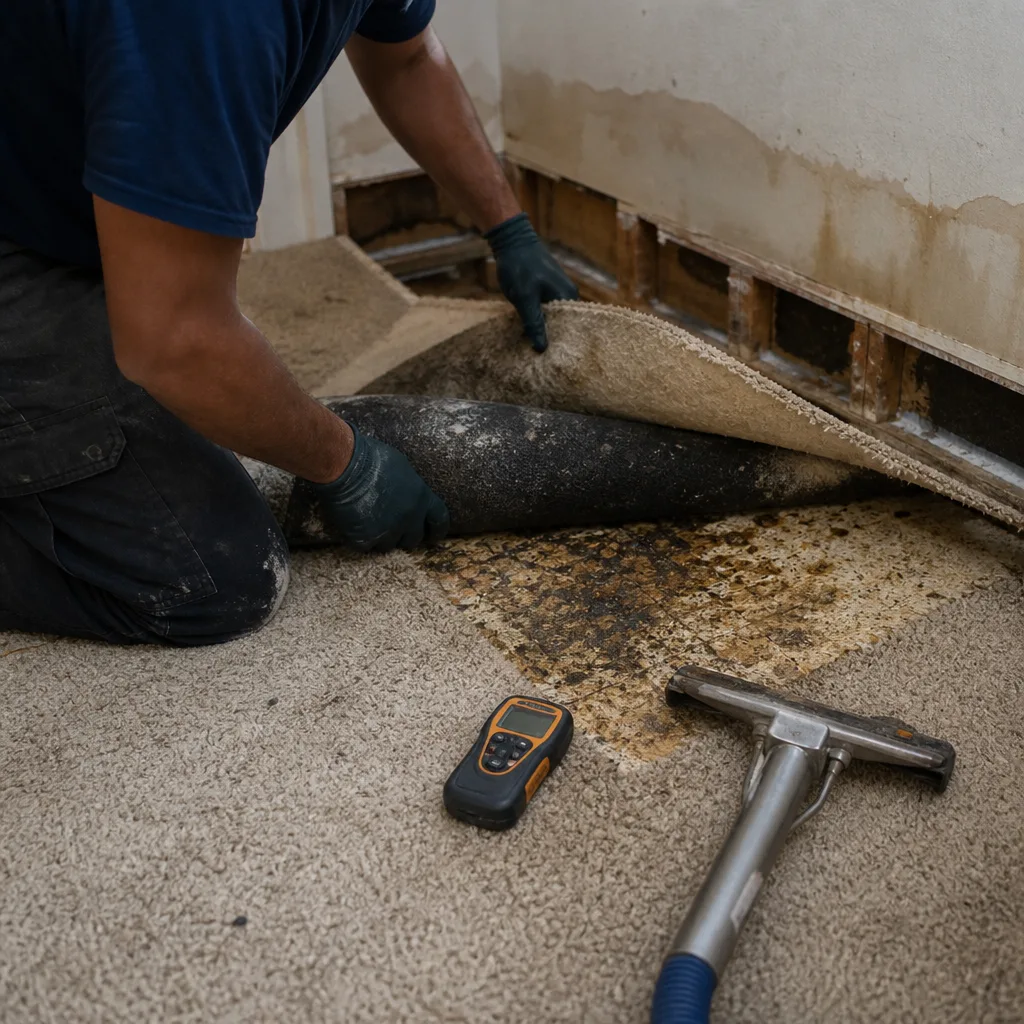 Technician inspecting water damage on carpet and subflooring with moisture meter
