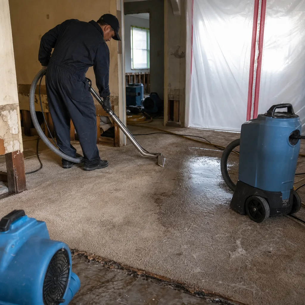 Water damage restoration professional extracting water from flooded carpeted floors